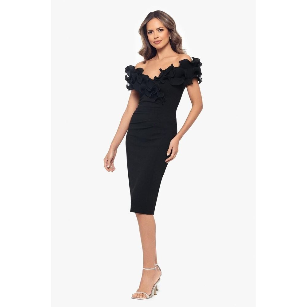 Xscape Evenings Off Shoulder Ruffle Sheath Midi Dress Size 14